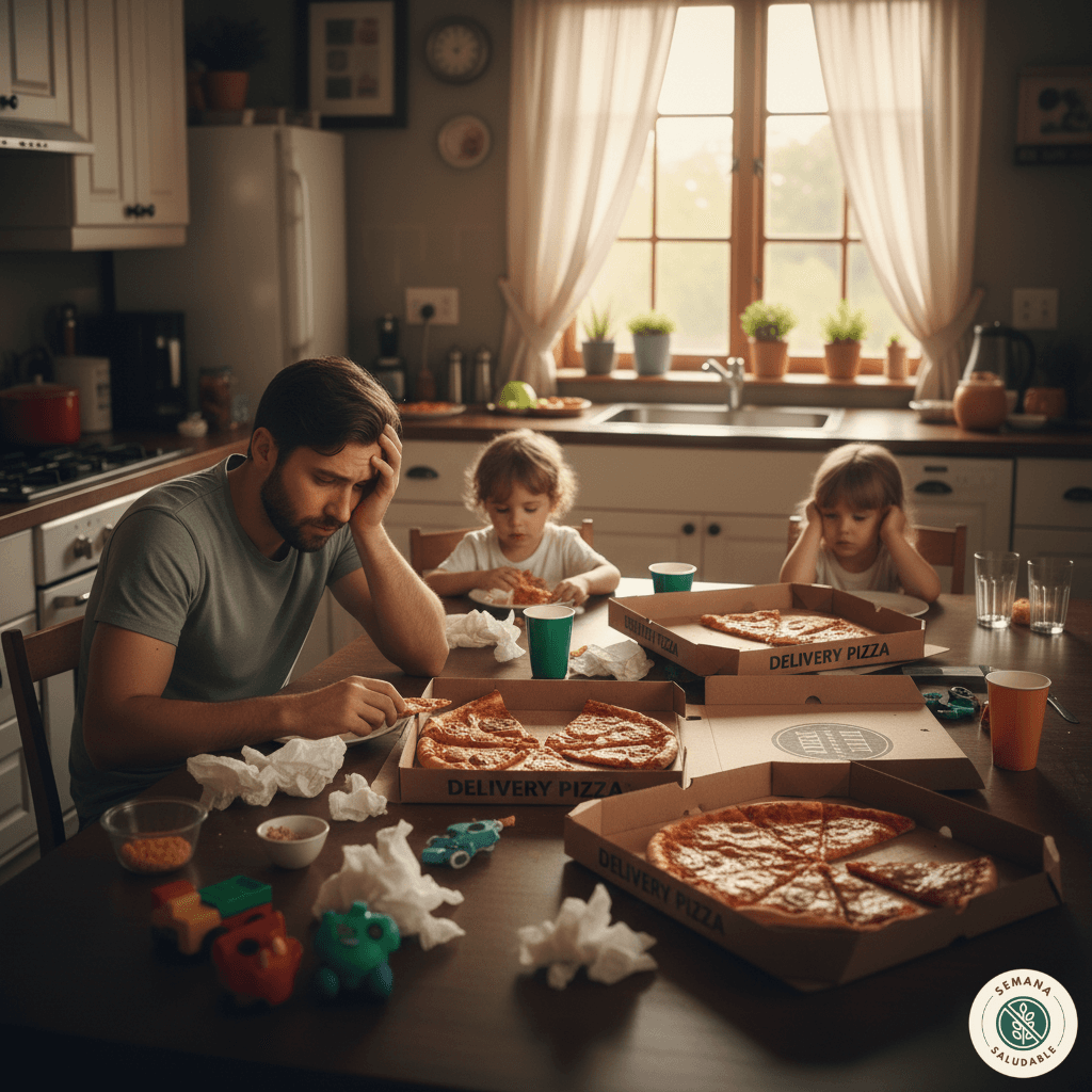 Familia agotada comiendo delivery - el problema diario